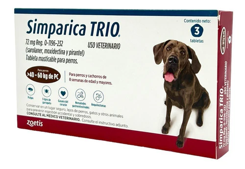 3 Tabletas Simparica Trio 40 A 60 Kg Antipulgas, Gusano, Etc