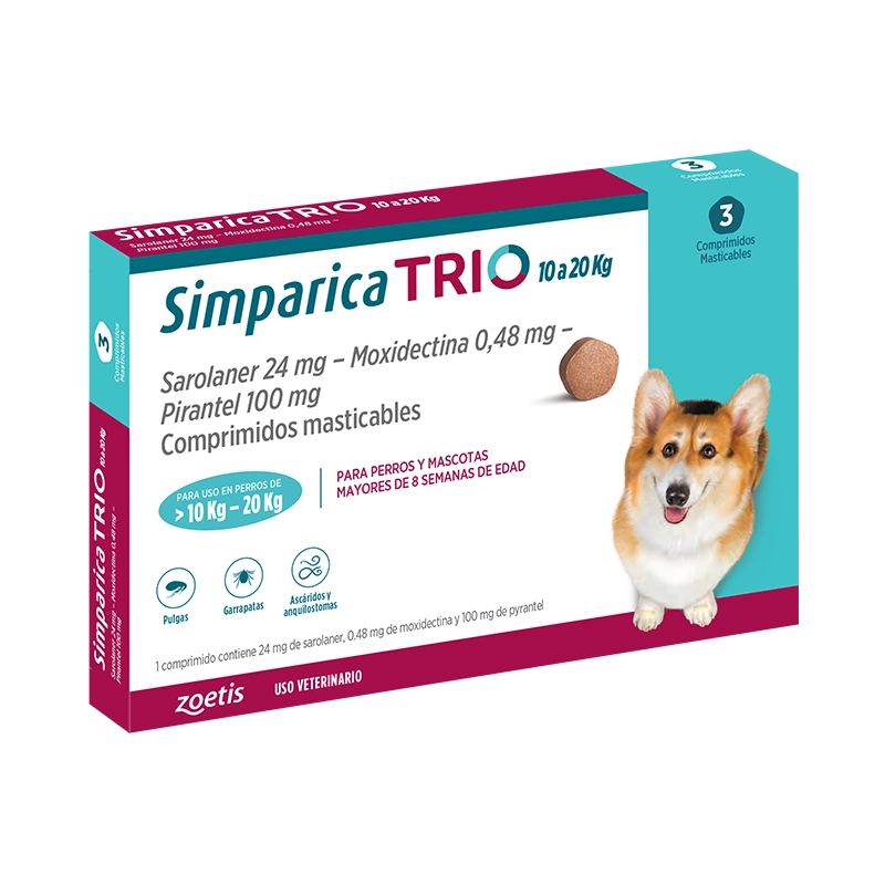 Simparica Trio 10 a 20 Kg 3 Dosis Masticables